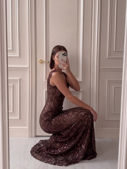 Sleeveless Wide Straps Mermaid Beaded Evening Dress With Lace