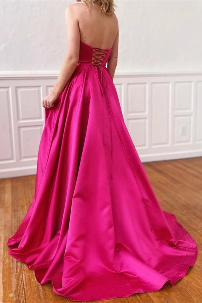 Fuchsia Strapless Prom Dress With Pockets Side Slit