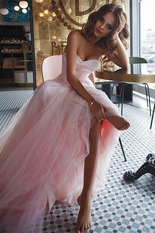 Pink Sleeveless Strapless Sweetheart Neck A-Line Long Prom Dress