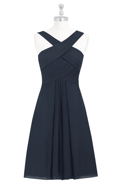 Dark Navy A-line Crossed V Neckline Chiffon Knee Length Bridesmaid Dress