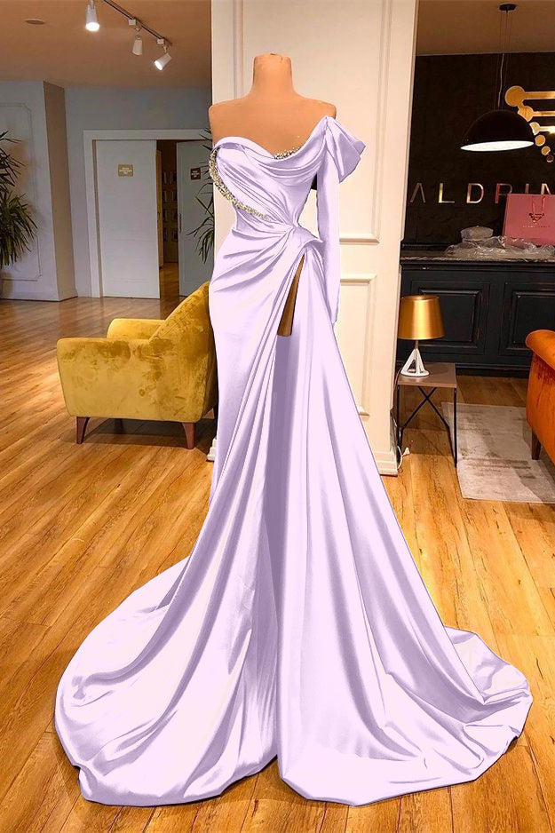 One-Shoulder Purple Long Sleeves Beadings Evening Dress Split Mermaid