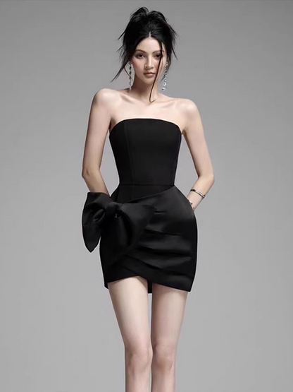 Elegant Black Strapless Bow Design A-line Satin Party Dress Homecoming Dress, D1371