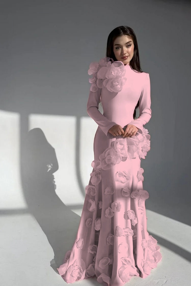 Elegant Long Sleeves Long Evening Dress With Handmade Flower
