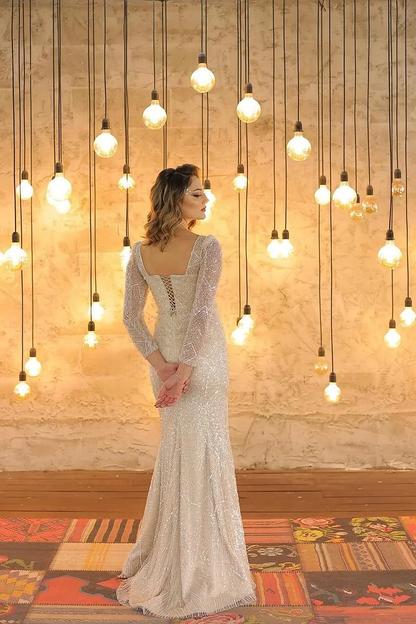 Luxurious Long Sleeves Square Long Evening Dress With Beading