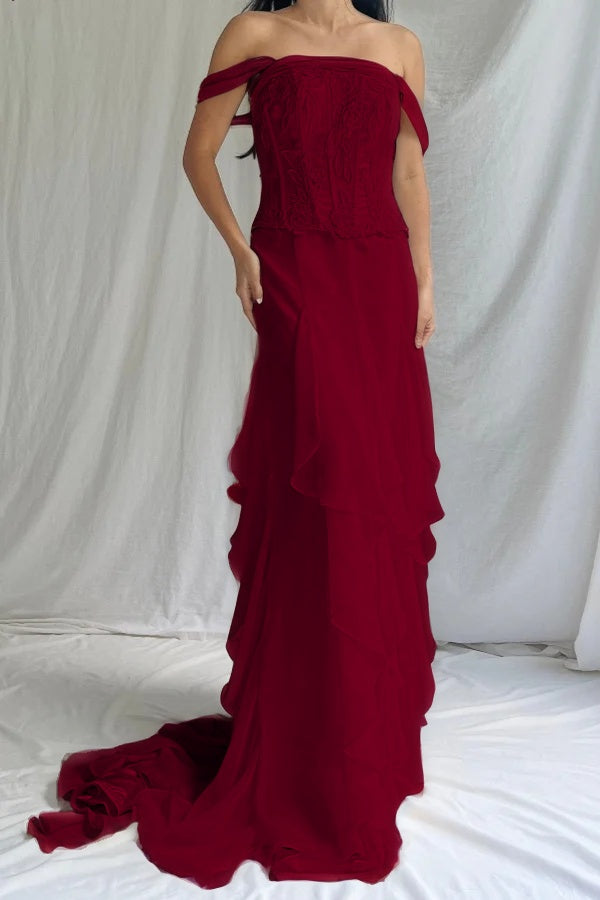 Elegant Ivory Off-Shoulders Evening Dress Sleeveless Ruffles with Applique