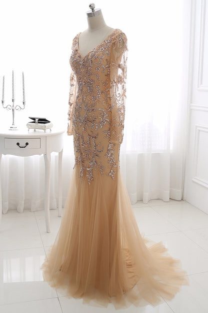 Beautiful Champagne V-Neck Long Sleeves Evening Dress Mermaid Tulle Ruffles with Beadings Rhinestones