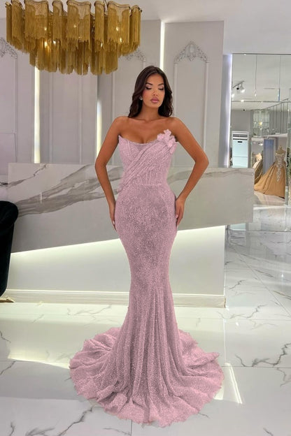 Gorgeous Strapless Sequins Mermaid Prom Dress With 3D-Blumen