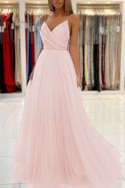 Long Light Sky Blue Spaghetti-Straps Tulle Prom Dress With Beads