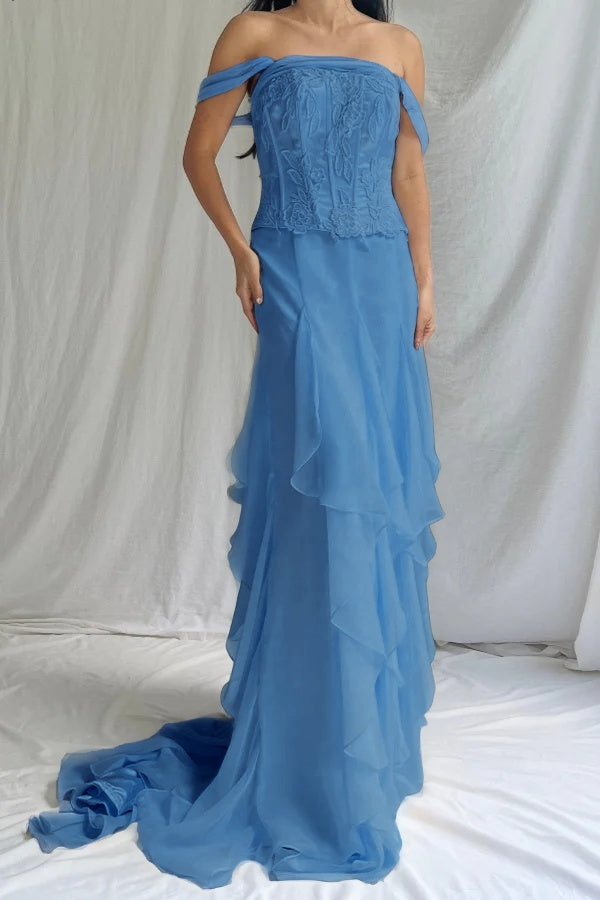 Elegant Ivory Off-Shoulders Evening Dress Sleeveless Ruffles with Applique