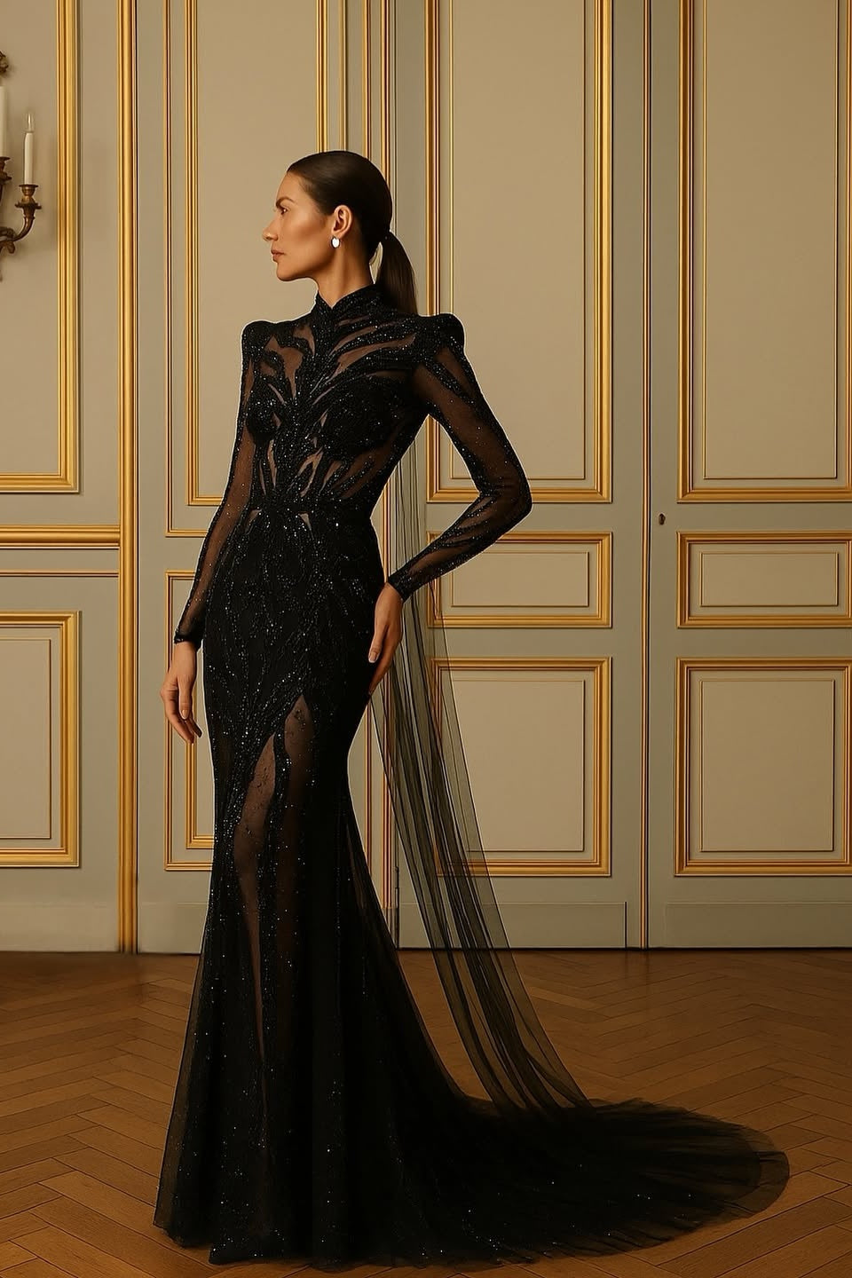 Black Elegant Long Sleeves High Straps Long Prom Dress With Sequins