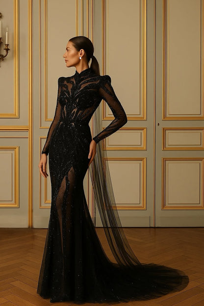 Black Elegant Long Sleeves High Straps Long Prom Dress With Sequins