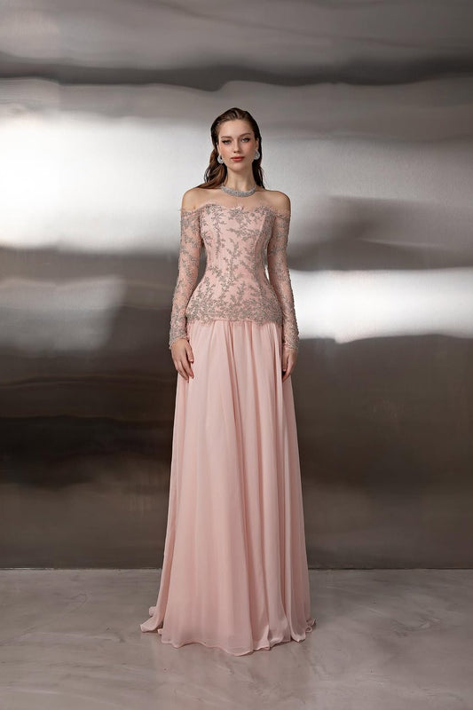 Long Sleeves Square Strapless Prom Dress With Appliques