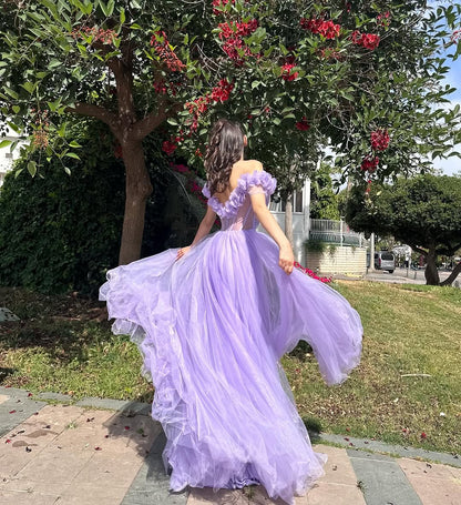 Purple Sleeveless Strapless  Off-Shoulders Handmade Flower Prom Dress
