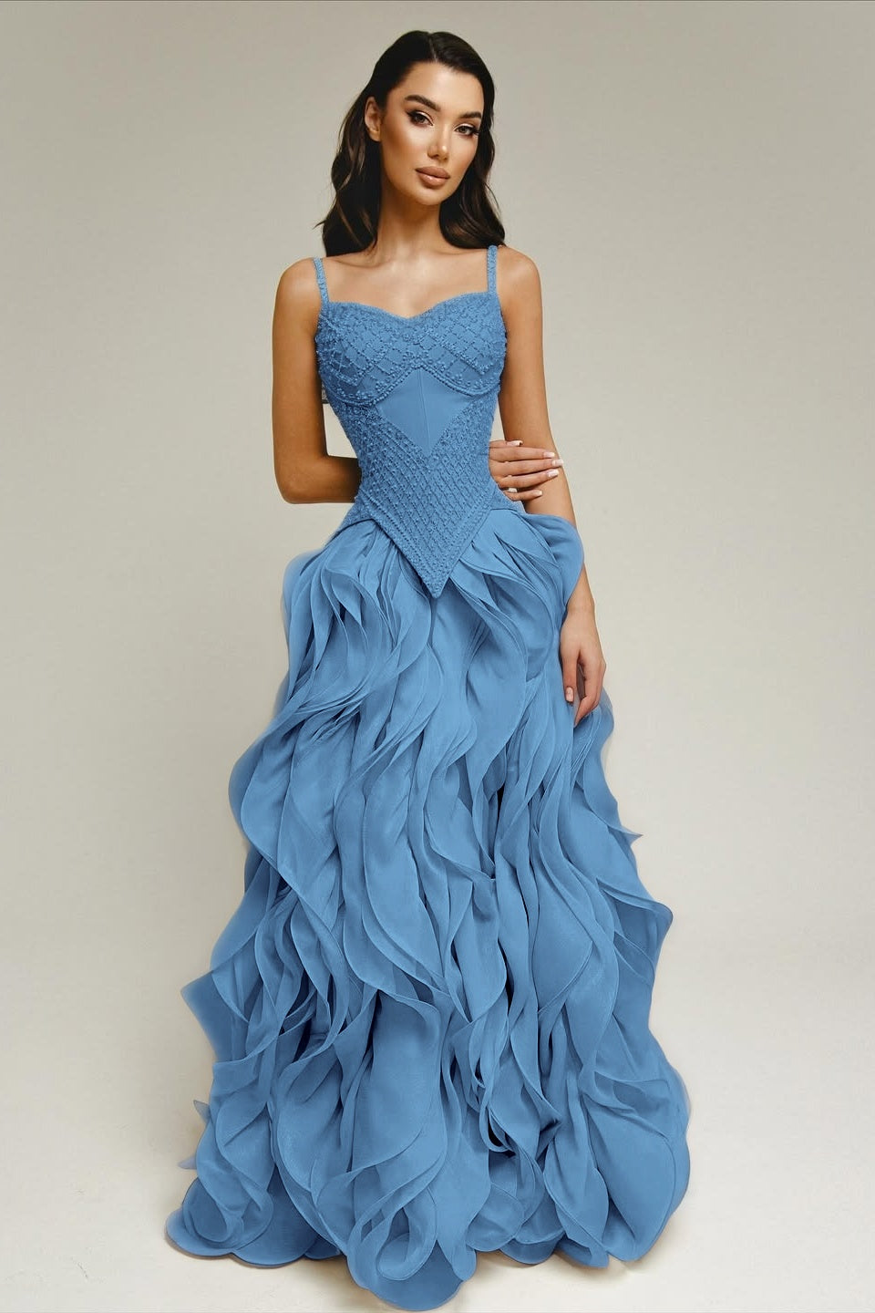 Sleeveless Exquisite Beaded Bustier Prom Dress with Cascading 3D Ruffles