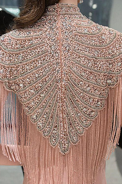Pink Mermaid High Collar Evening Dress Tassel With Beadings On Sale