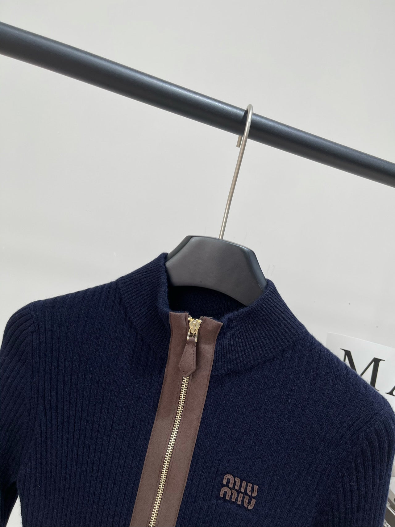 Miu Zipper Cardigan Navy Blue Sheep Wool 349754