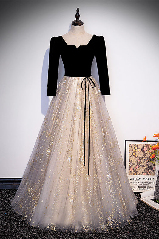 Square Long Sleeves A-Line Two Tone Prom Party Dress