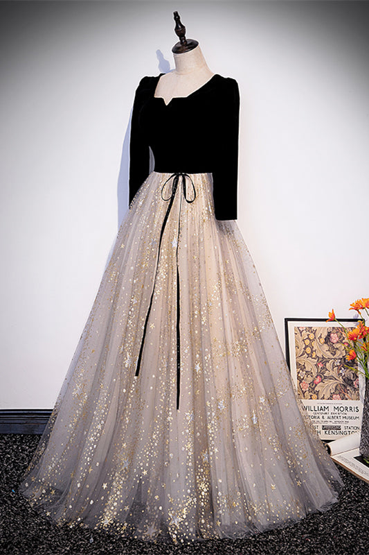 Square Long Sleeves A-Line Two Tone Prom Party Dress