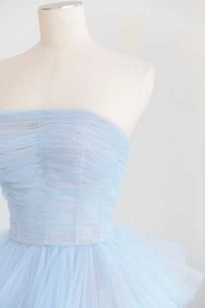 Blue A-Line Strapless Tulle Layers Long Prom Dress Evening Dress SH1636