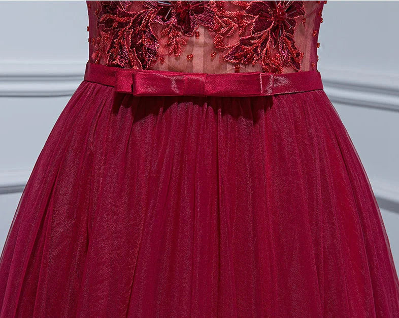 Burgundy V Neck Appliques Tulle Long Prom Dress Evening Dress SH1627