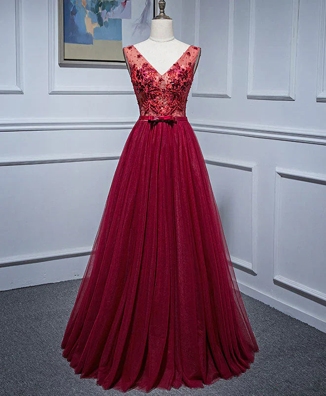 Burgundy V Neck Appliques Tulle Long Prom Dress Evening Dress SH1627