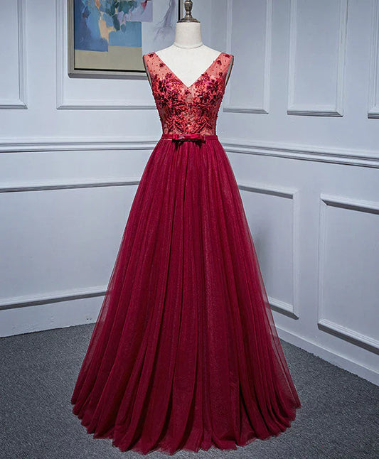 Burgundy V Neck Appliques Tulle Long Prom Dress Evening Dress SH1627