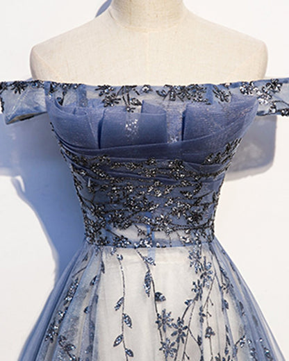 Stunning Blue Tulle Off Shoulder A Line Long Prom Dress, Evening Dress With Sleeve KS7424