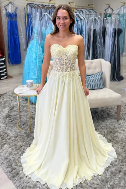 Lace And Chiffon Sweetheart Strapless A-Line Prom Party Dress