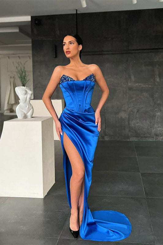 Mermaid Royal Blue Prom Dress Slit With Sequins