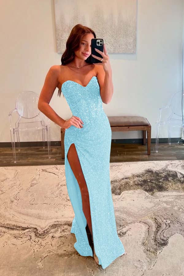 Strapless Blue Beaded Slit Prom Dress