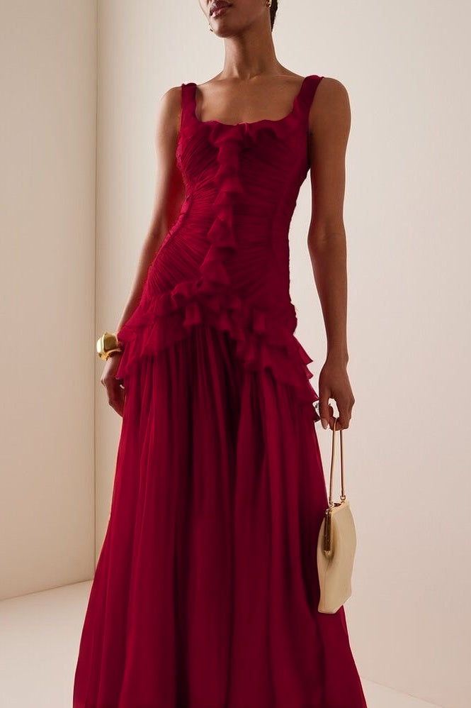 Elegant Ruffled Red Sleeveless Square Long Prom Dress With Pleated