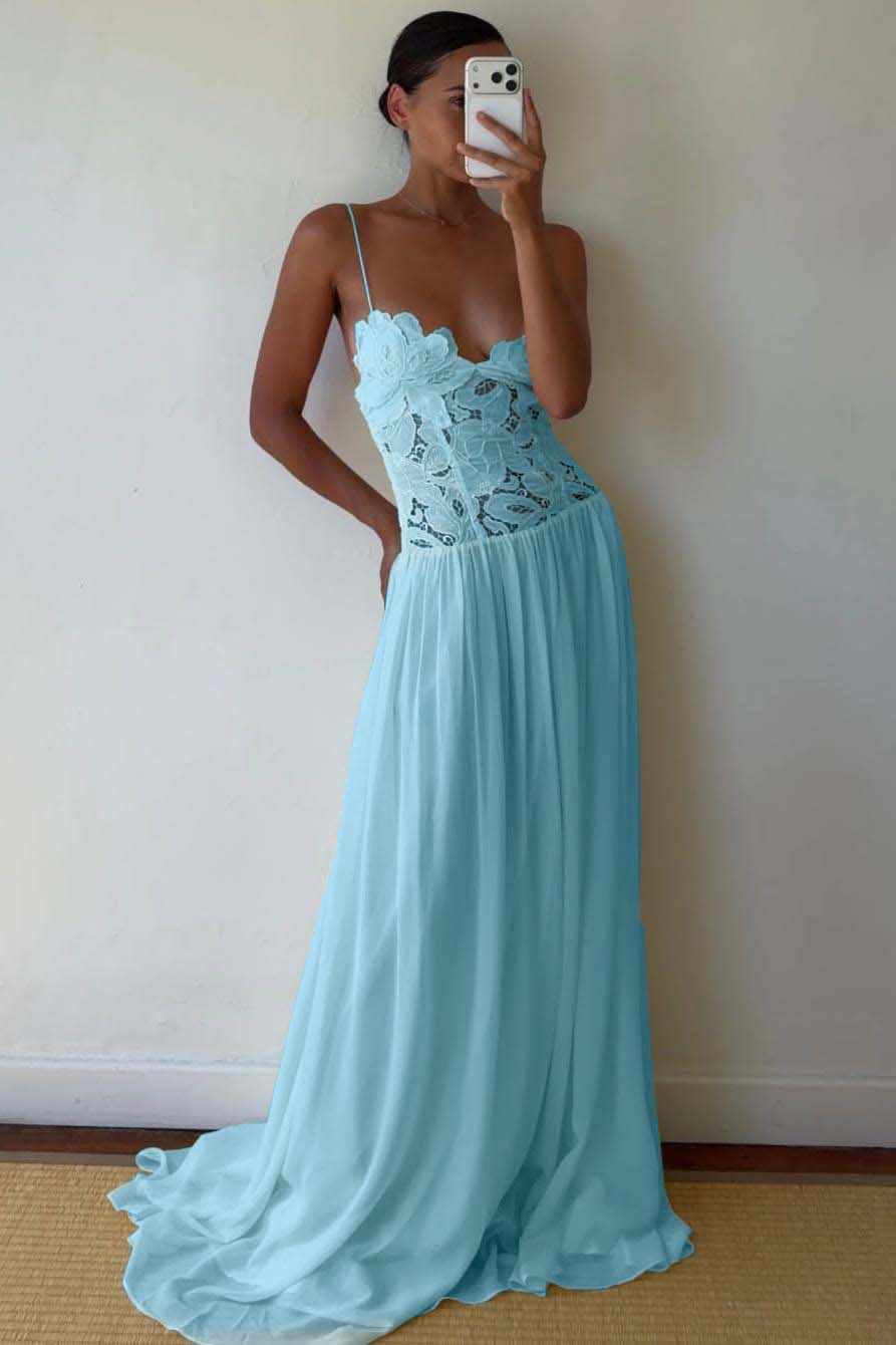 Lace And Chiffon V-Neck Spaghetti Straps Long A-Line Evening Dress With Pleated