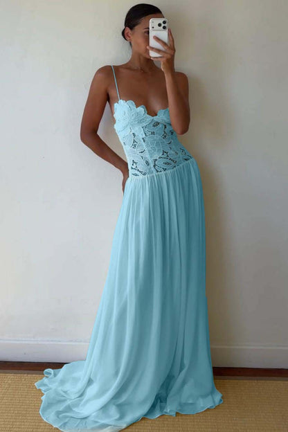 Lace And Chiffon V-Neck Spaghetti Straps Long A-Line Evening Dress With Pleated