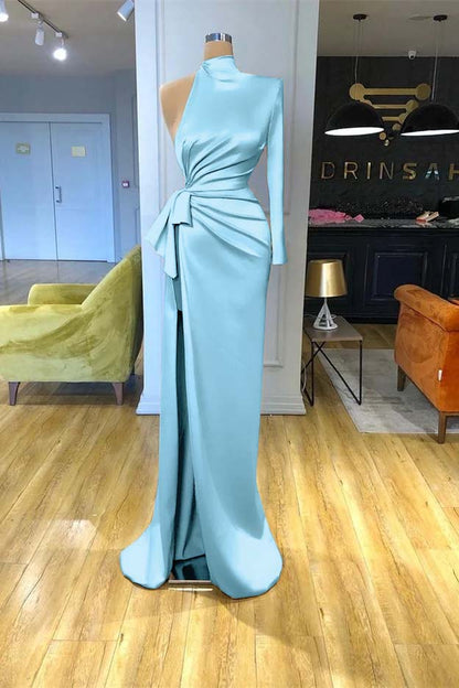 High Neck Champagne Mermaid Prom Dress Long Sleeves Split