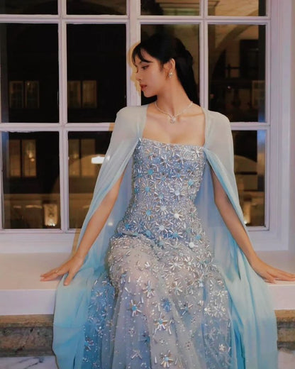 Romantic A Line Beaded Blue Chiffon Prom Dress Party Dress SH3294