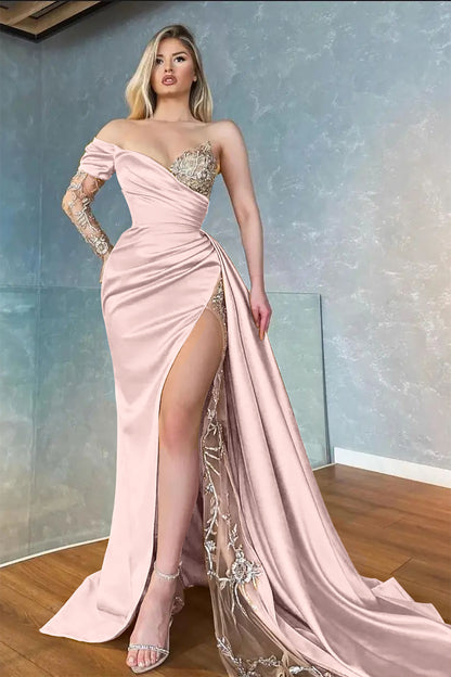 Split Mermaid Appliques Prom Dress Long With Ruffles Sweetheart Long Sleeve Yellow