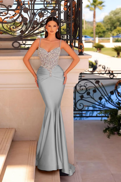 Stunning Purple Satin Sleeveless Spaghtti Strap Mermaid Prom Dress with Beadings