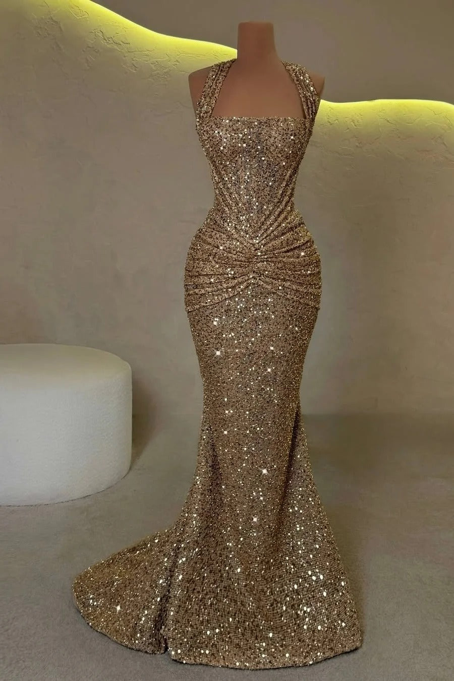 Gold Sleeveless Halter Straps Mermaid Prom Dress With Sequins