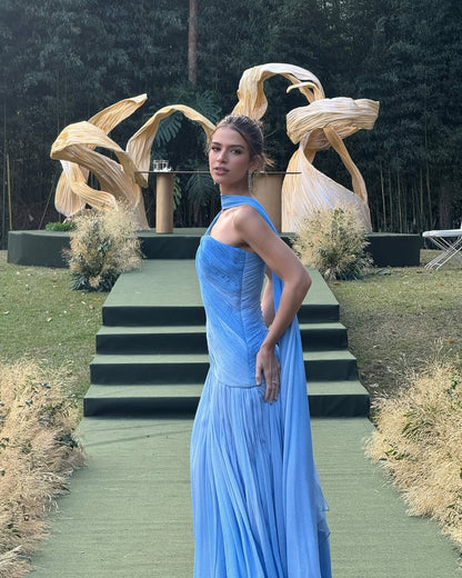 Charming Blue One Shoulder Pleated Sleeveless Prom Dress with Scarf