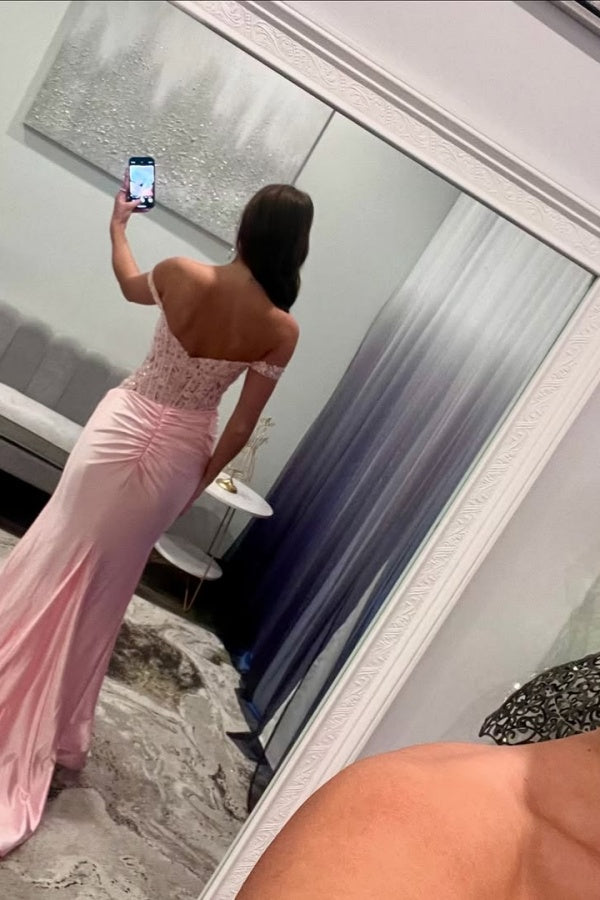 Pink Off-the-Shoulder Long Mermaid Prom Dress Slit