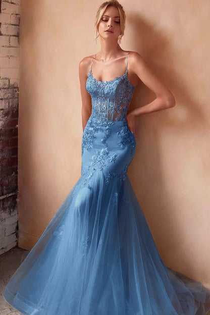 Baby Blue Sleeveless Spaghetti Strap Embroidery Mermaid Prom Dress