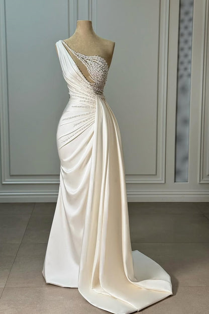 White Strapless Sleeveless Pleated Mermaid Prom Dress With Beads