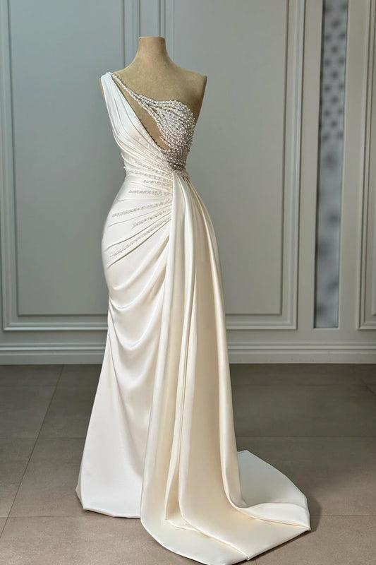 White Strapless Sleeveless Pleated Mermaid Prom Dress With Beads