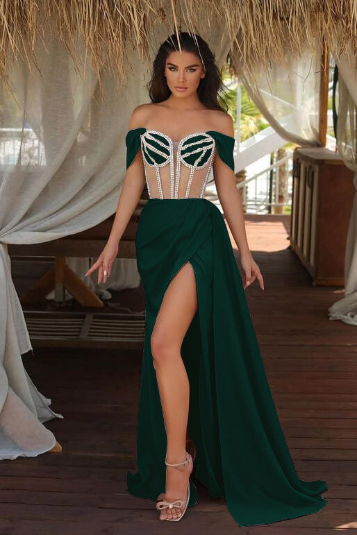 Champagne Ruffles Mermaid Prom Dress Beadings Split With Off The Shoulder