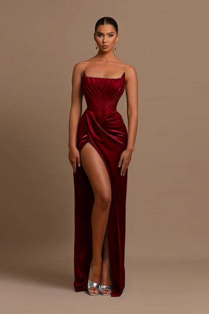 Elegant Dark Green Square Neck Slit Sleeveless Prom Dress With Pleats