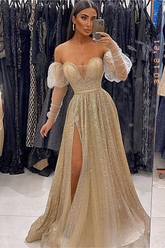 V-Neck Sequins Evening Champagne Front Split Prom Dress With Long Sleeves