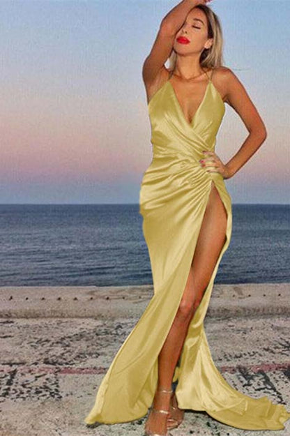 Green V-Neck Mermaid Prom Dress Sleeveless With Slit
