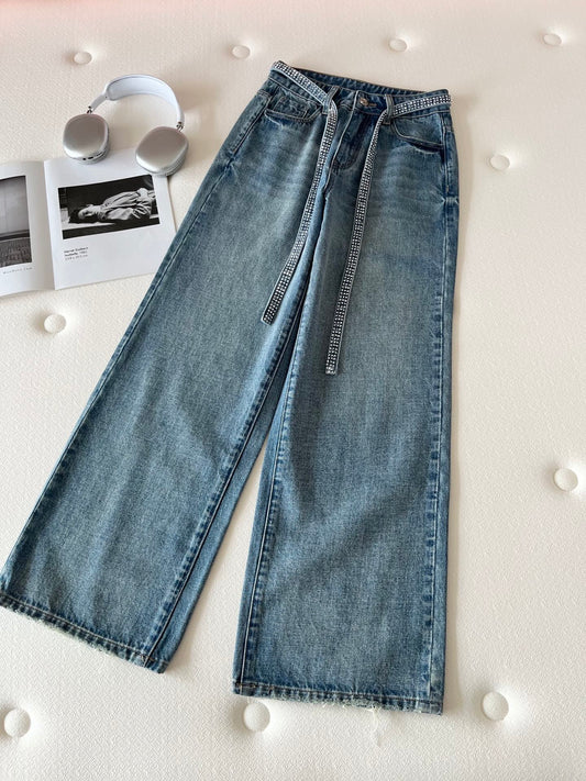 CC Rhinestone Belt Wide-Leg Jeans Blue Denim 351177