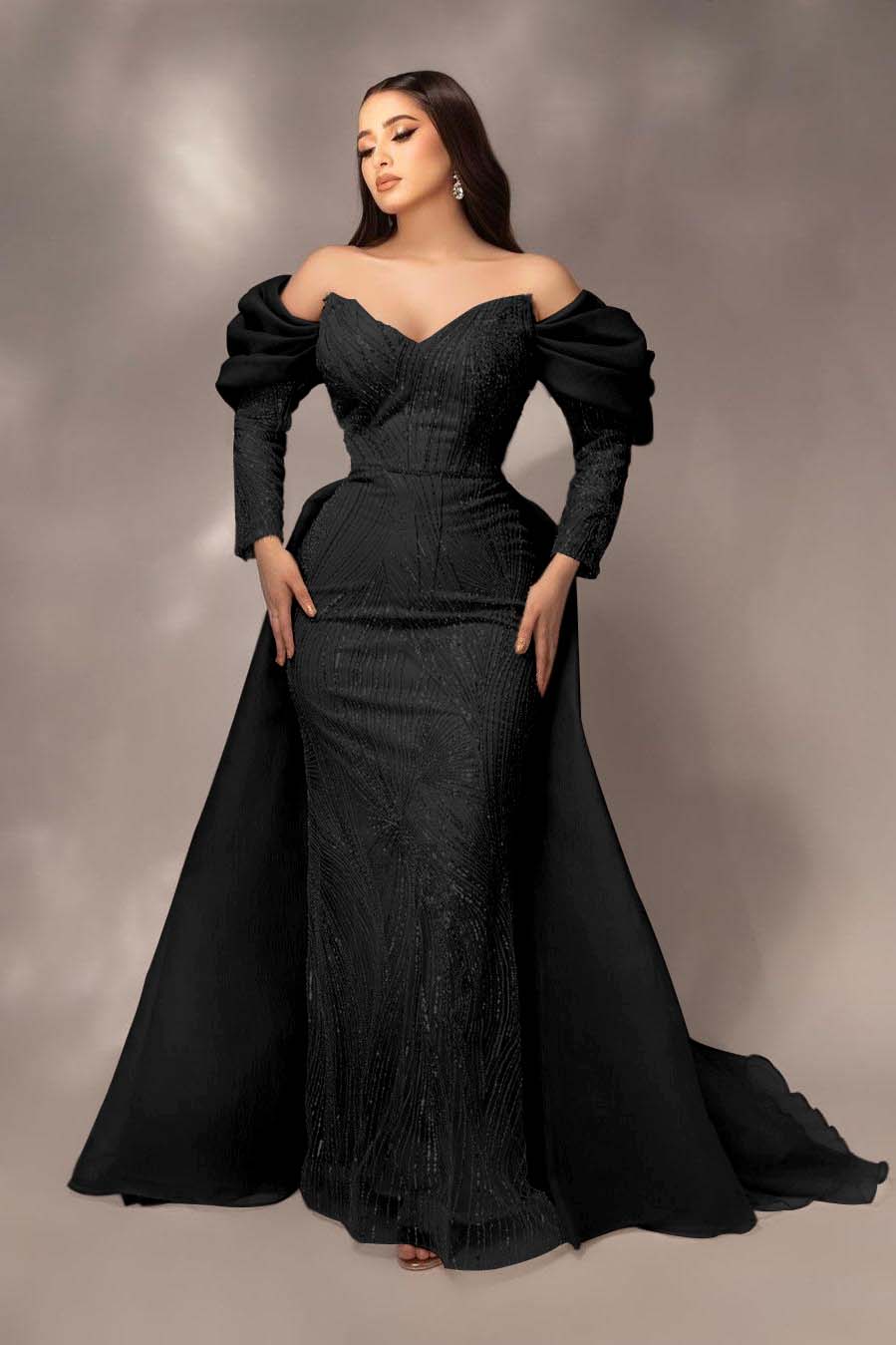 Glamorous Sequins Off the Shoulder Long Sleeves Mermaid Prom Dress with Pleated