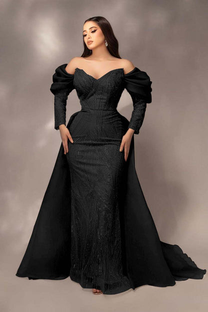 Glamorous Sequins Off the Shoulder Long Sleeves Mermaid Prom Dress with Pleated